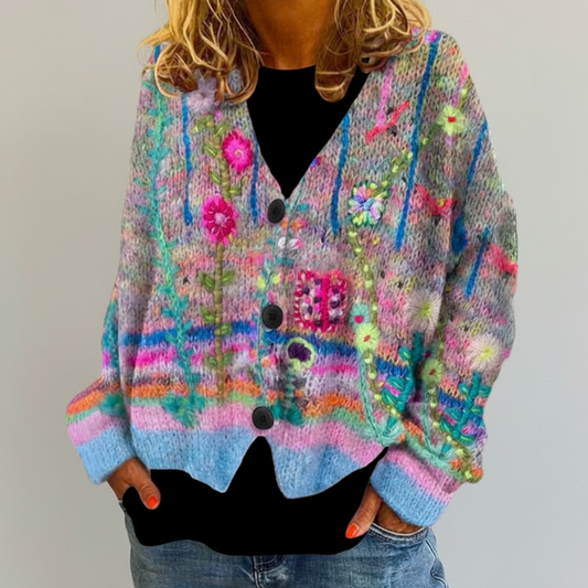 Women's Floral V-Neck Cardigan Sweater - Fashinoza
