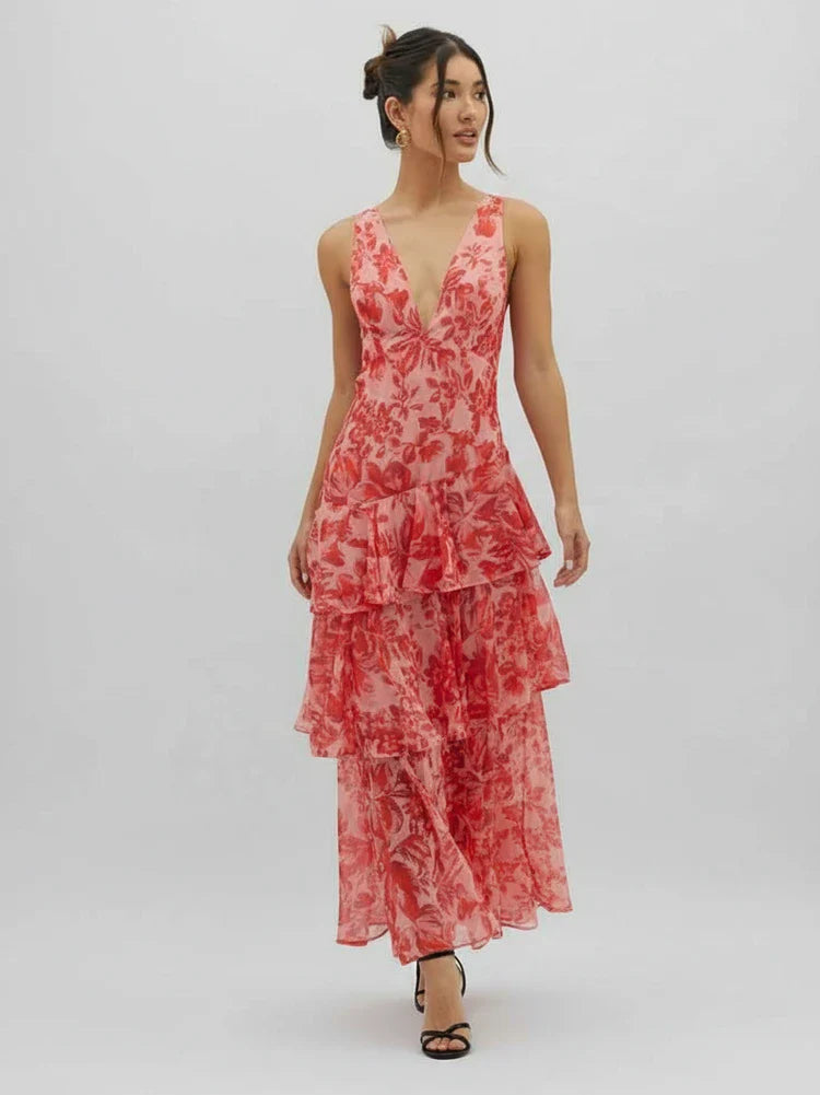 Women's Floral V-Neck Maxi Dress - Fashinoza