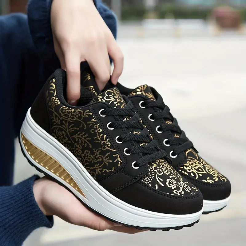 Women's Floral Platform Sneakers Lace-Up Comfortable - 
Fashinoza