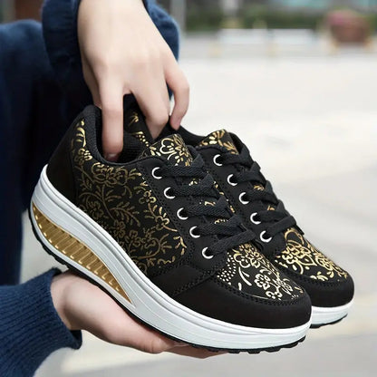 Women's Floral Platform Sneakers Lace-Up Comfortable - 
Fashinoza