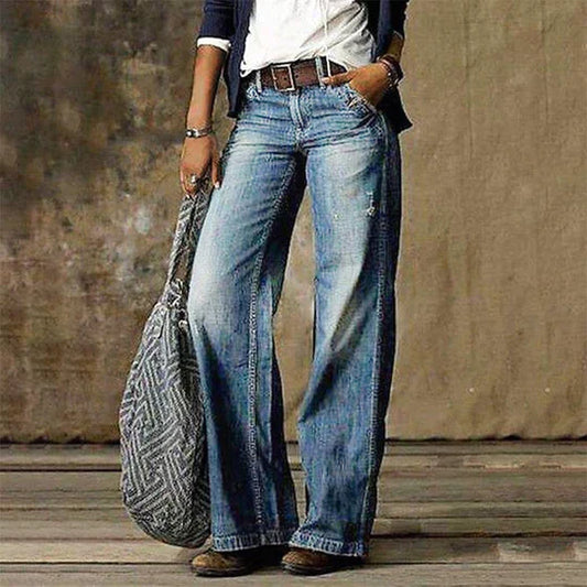 Women's High Waist Wide Leg Jeans Denim Retro Flare - Fashinoza