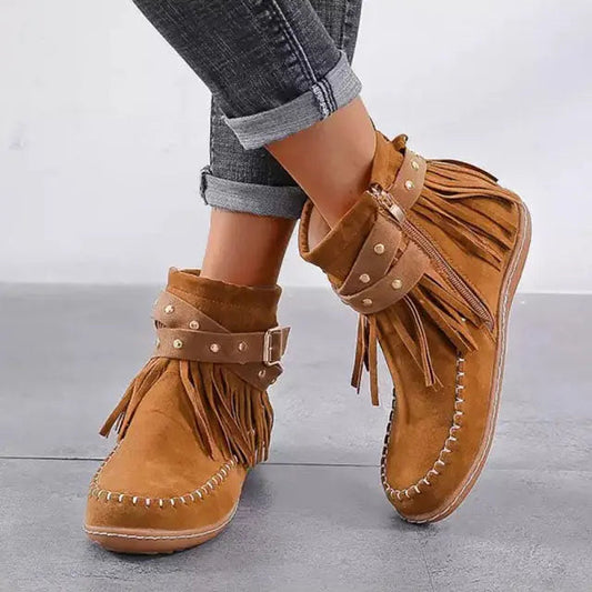 Women's Fringe Buckle Boots Black Leather - 
Fashinoza
