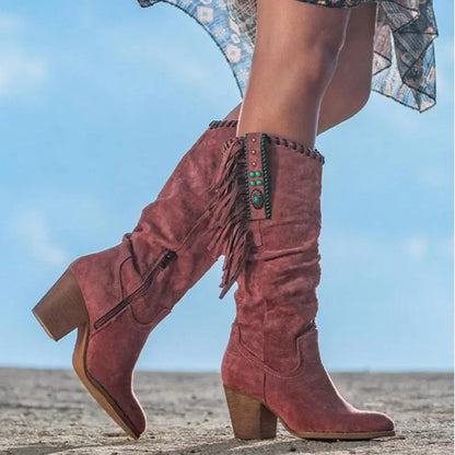 Women's Fringe High Boots Elegant Leather Brown - 
Fashinoza