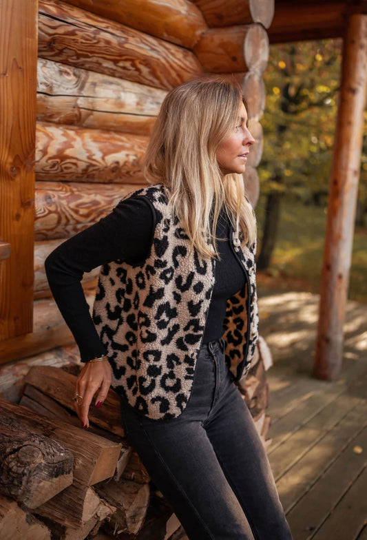 Women's Leopard Print Knit Vest Button Front Sleeveless - Fashinoza