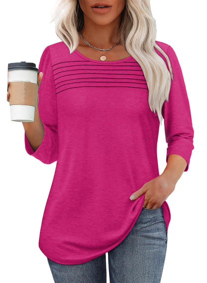 Women's Crew Neck 3/4 Sleeve Pleated Chest - Fashinoza