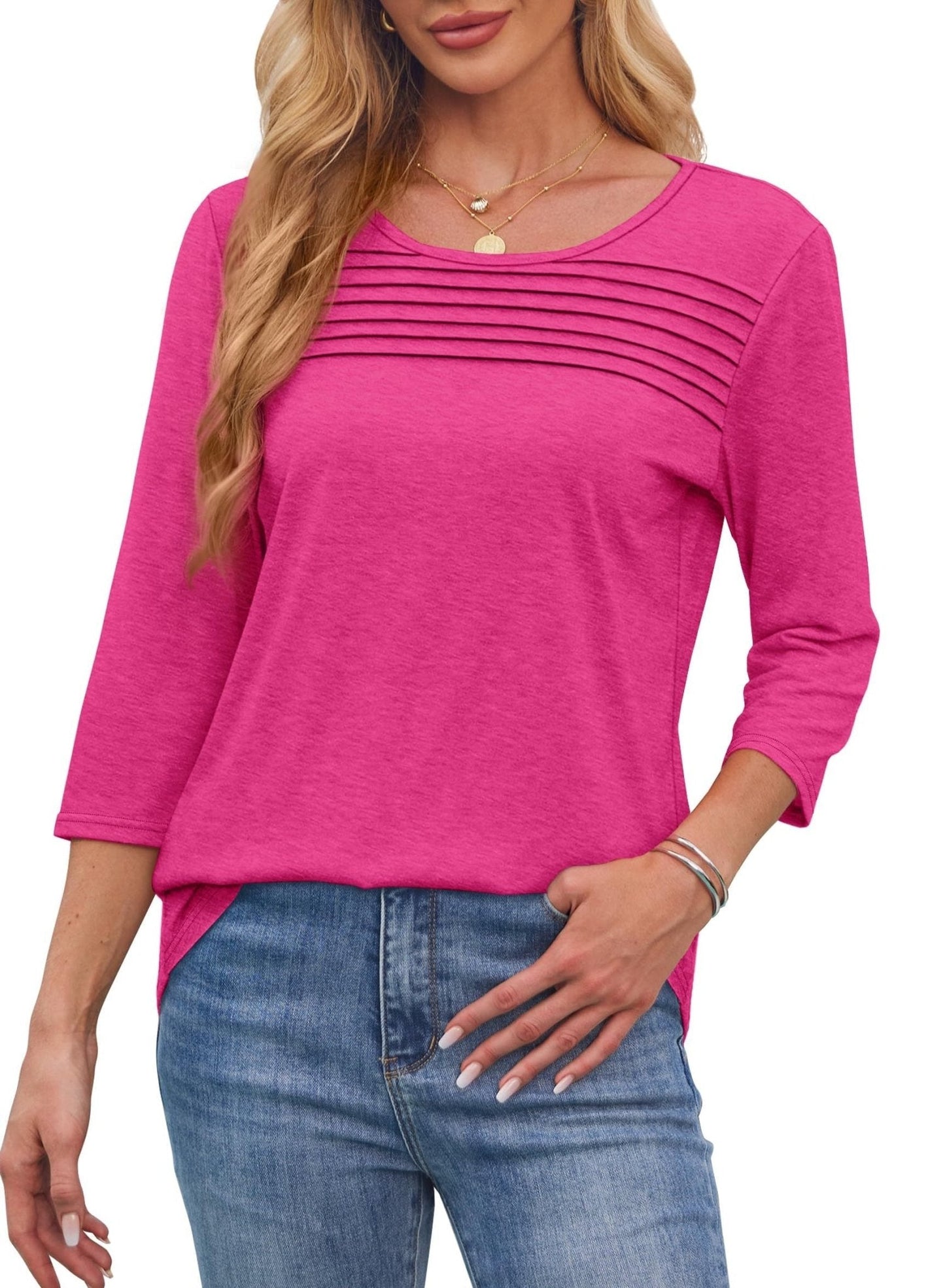 Women's Crew Neck 3/4 Sleeve Pleated Chest