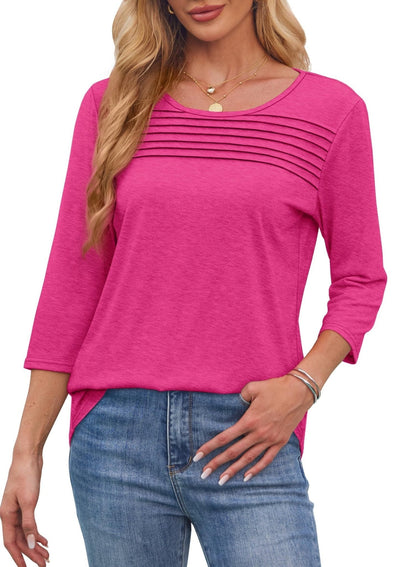 Women's Crew Neck 3/4 Sleeve Pleated Chest