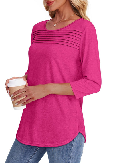 Women's Crew Neck 3/4 Sleeve Pleated Chest