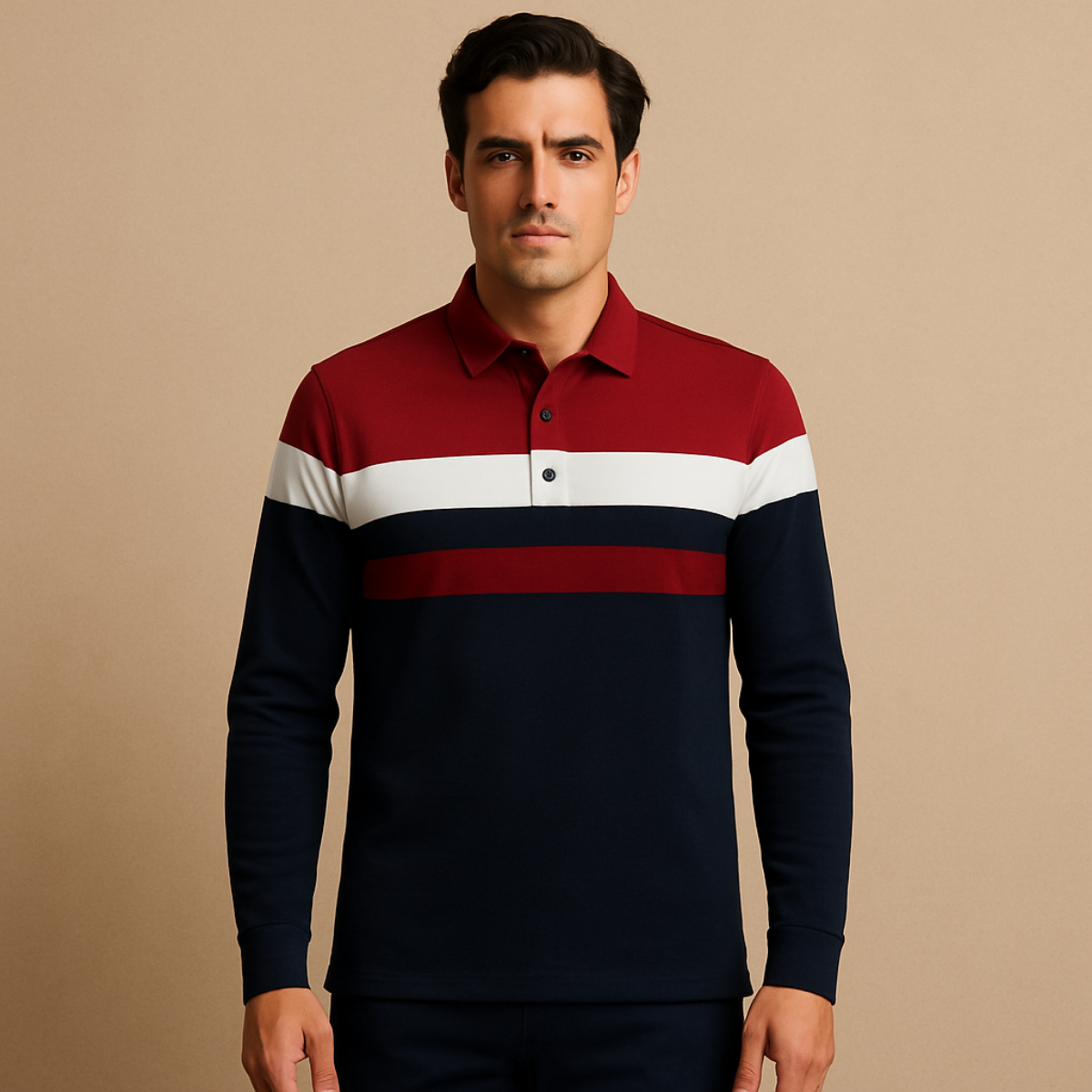 Men's Striped Long Sleeve Polo Shirt Cotton