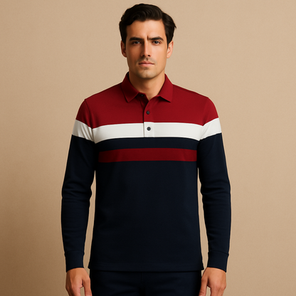 Men's Striped Long Sleeve Polo Shirt Cotton