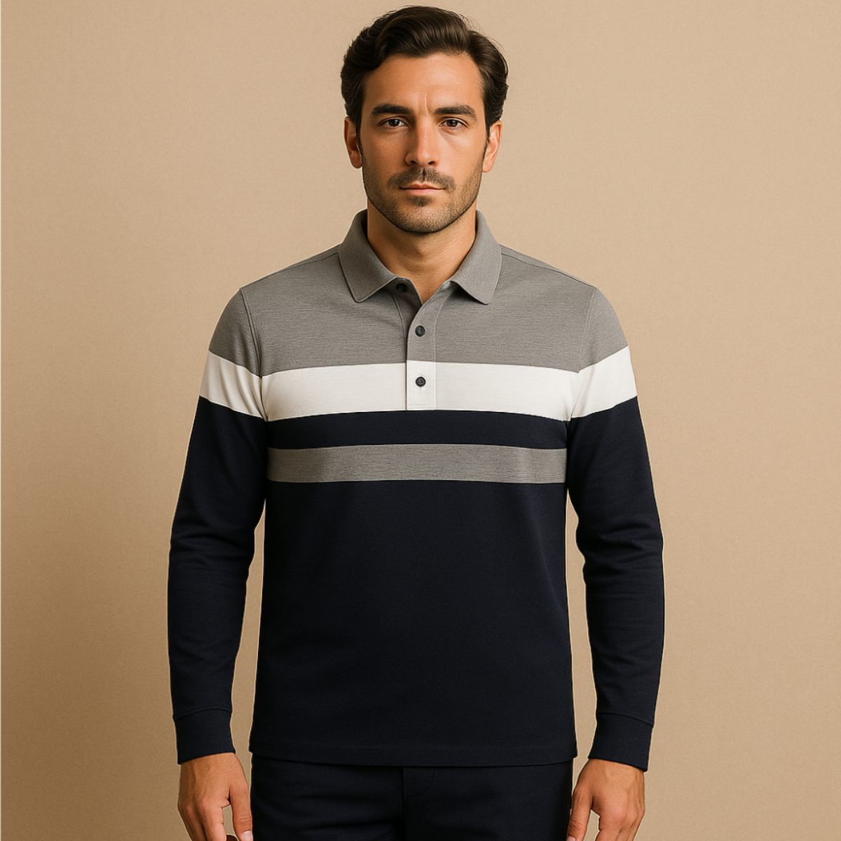 Men's Striped Long Sleeve Polo Shirt Cotton