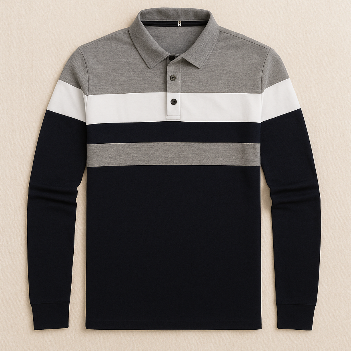Men's Striped Long Sleeve Polo Shirt Cotton