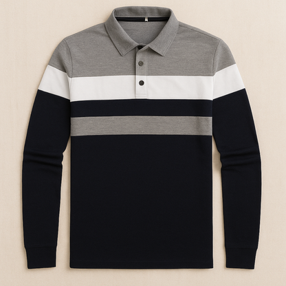 Men's Striped Long Sleeve Polo Shirt Cotton