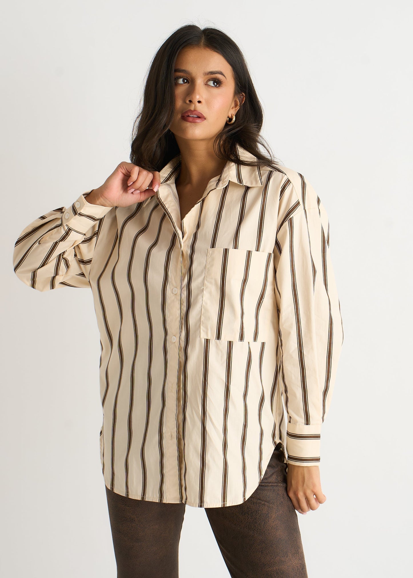 Women's Striped Button-Up Shirt Cream - 
Fashinoza