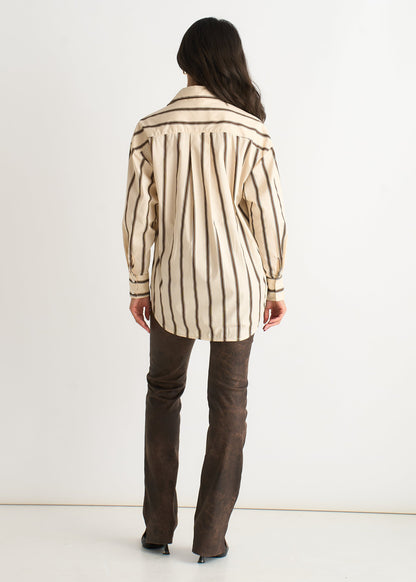 Women's Striped Cotton Button Up Shirt Cream