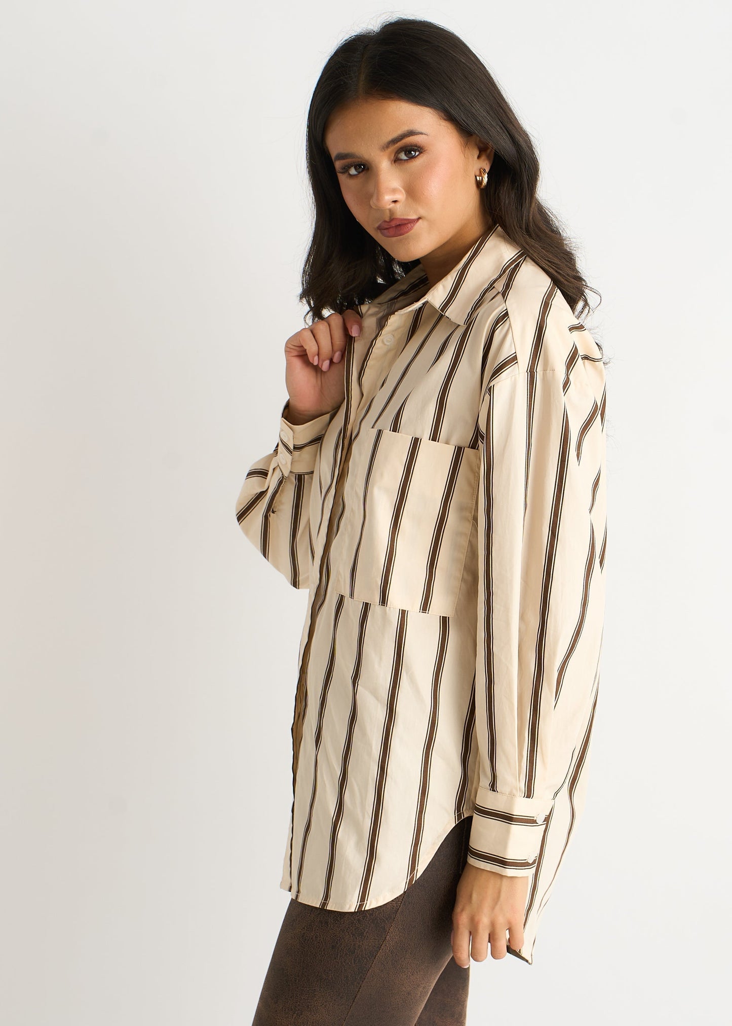 Women's Striped Cotton Button Up Shirt Cream