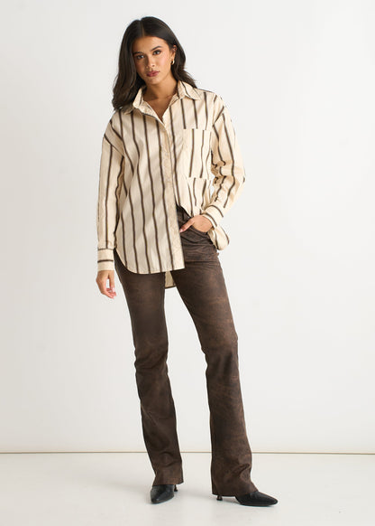 Women's Striped Cotton Button Up Shirt Cream