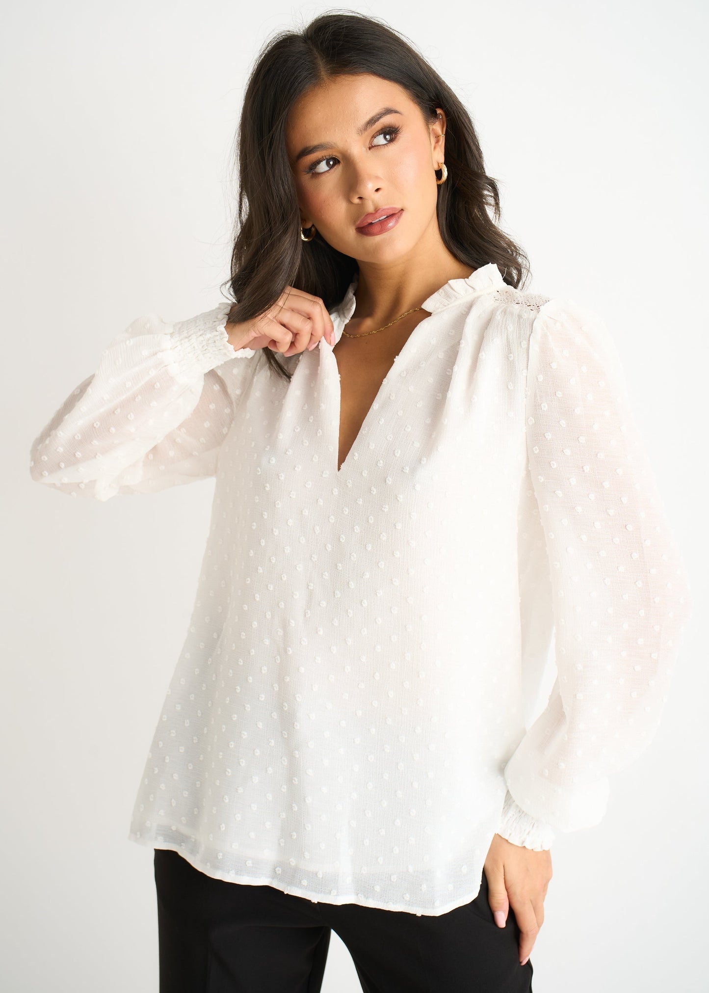 Women's White Ruffle Blouse Long Sleeves Cotton