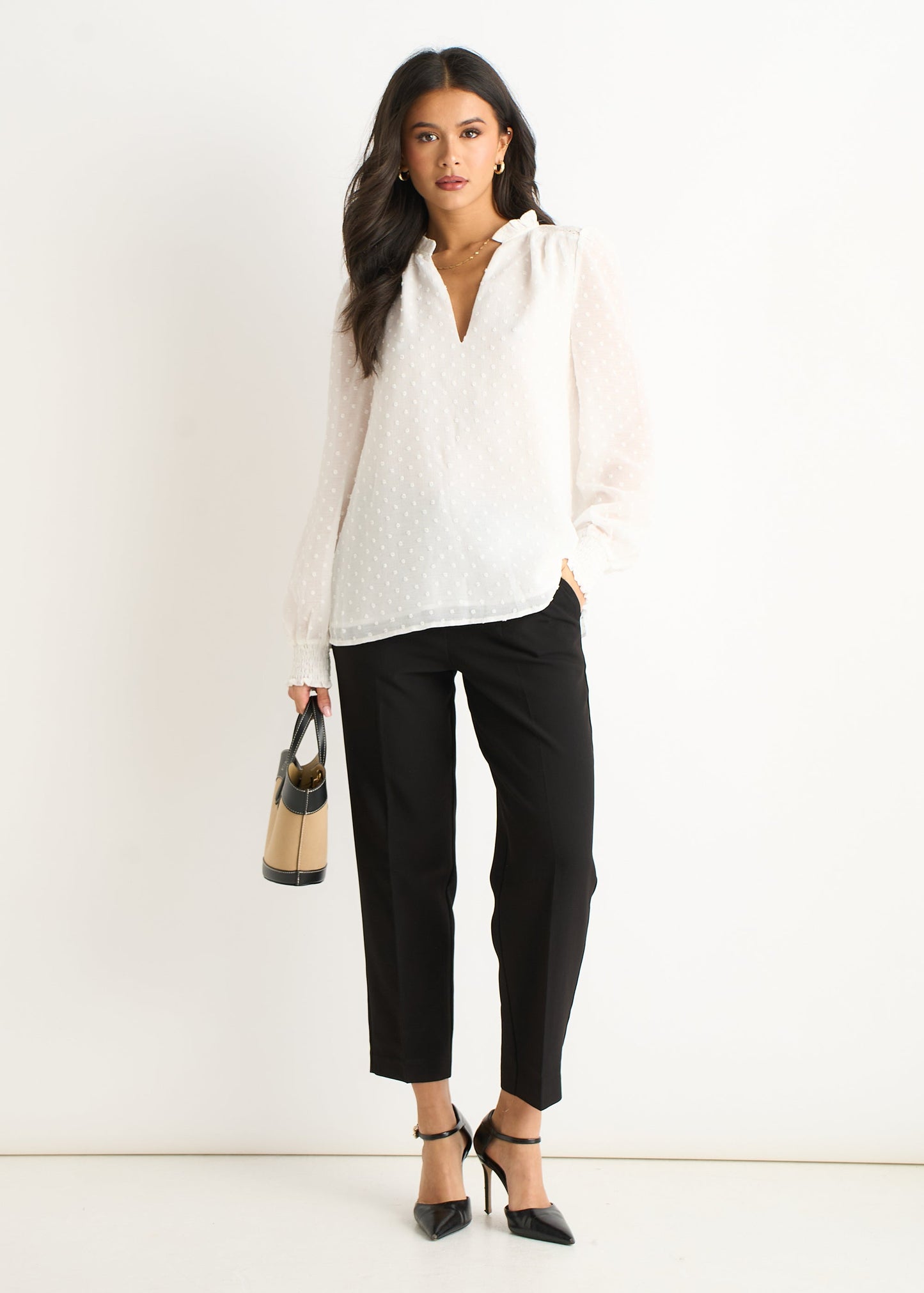 Women's White Ruffle Blouse Long Sleeves Cotton