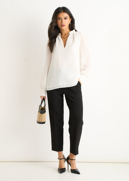 Women's White Ruffle Blouse Long Sleeves Cotton