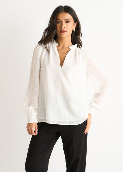 Women's White Ruffle Blouse Long Sleeves Cotton - 
Fashinoza