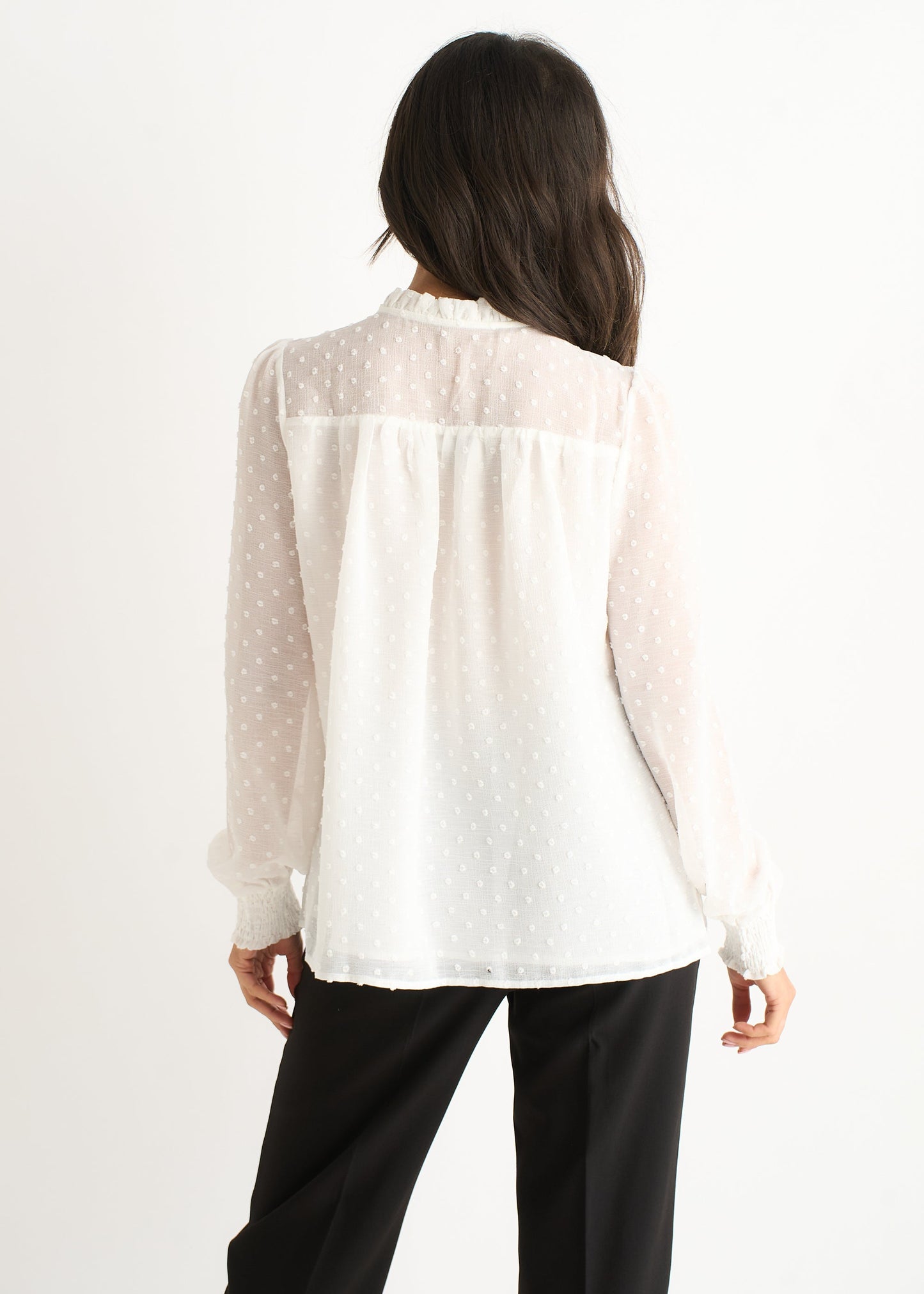 Women's White Ruffle Blouse Long Sleeves Cotton