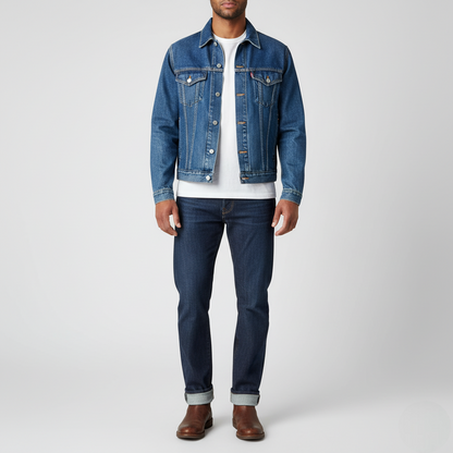 Men's Trucker Jacket Mid-Wash Blue Denim - 
Fashinoza