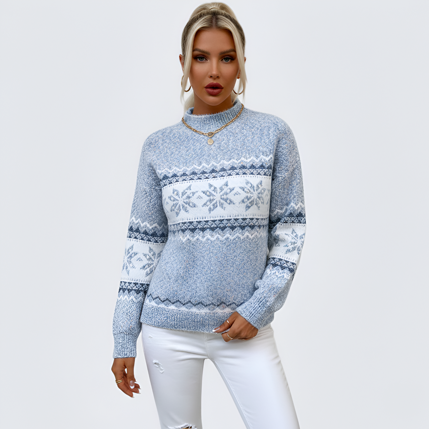Women's Fair Isle Knit Sweater Mock Neck Long Sleeve Winter Pullover