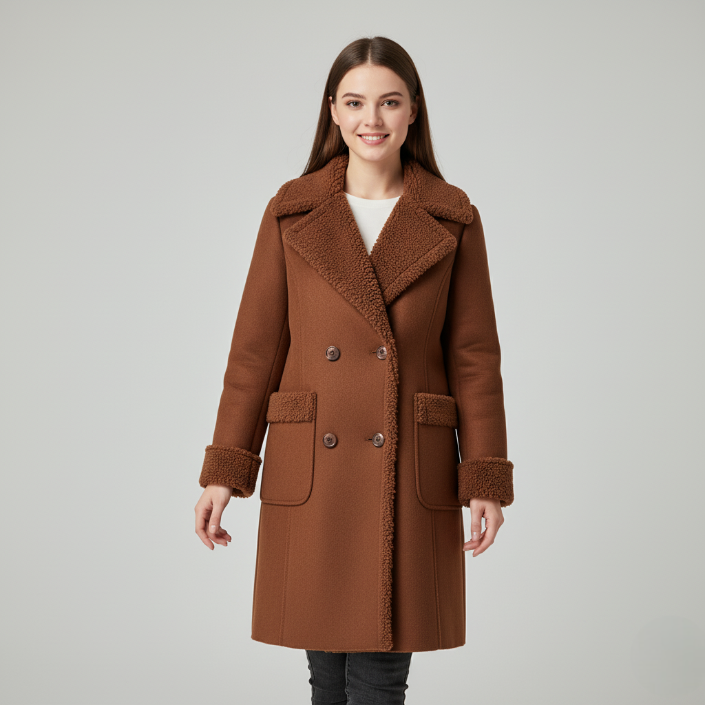 Women's Winter Coat Brown Sherpa Lined - 
Fashinoza