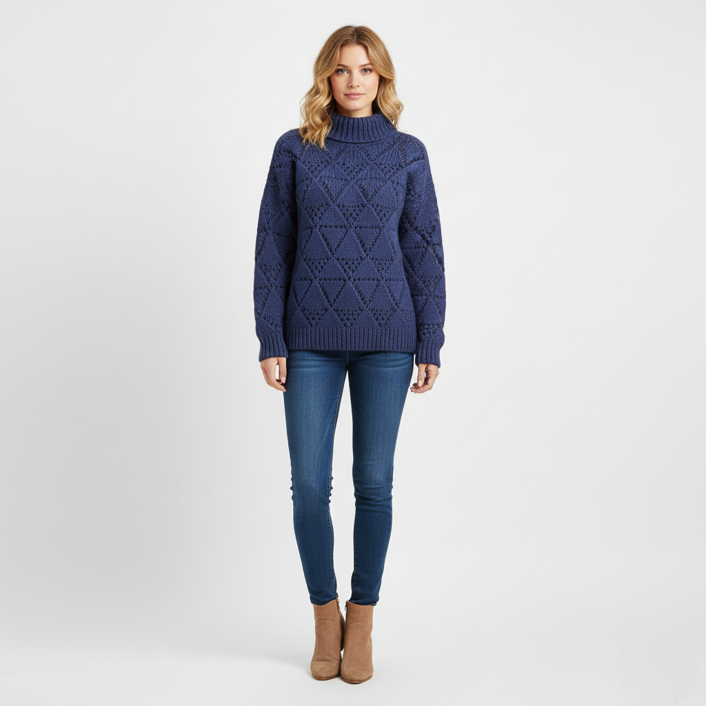 Women's Blue Chunky Knit Sweater Diamond Texture - 
Fashinoza