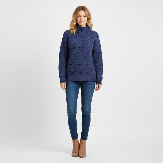 Women's Blue Chunky Knit Sweater Diamond Texture - 
Fashinoza