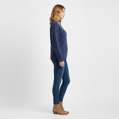 Women's Mock Neck Sweater Blue Chunky Knit