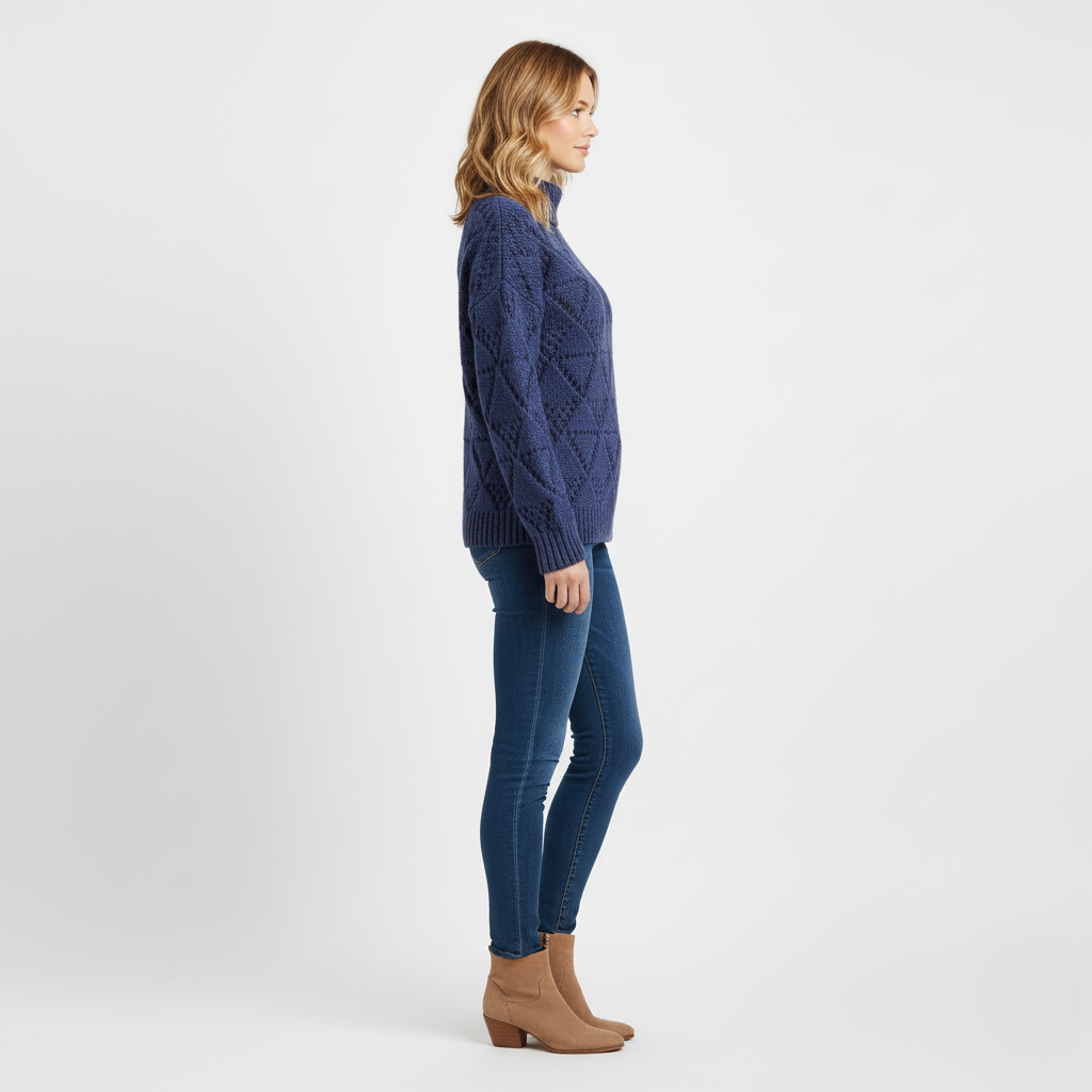 Women's Blue Chunky Knit Sweater Diamond Texture