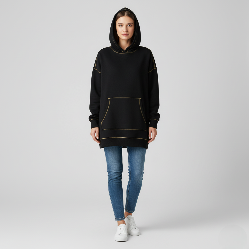 Women's Oversized Hoodie Black Cotton Contrast Stitching - 
Fashinoza