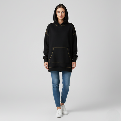 Women's Oversized Hoodie Black Cotton Contrast Stitching - 
Fashinoza