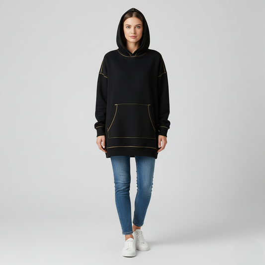 Women's Oversized Hoodie Black Cotton Contrast Stitching - 
Fashinoza