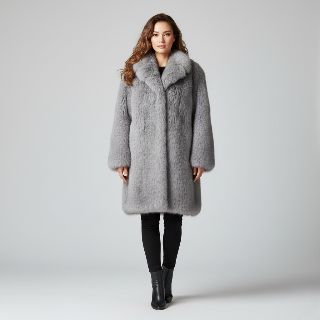 Women's Faux Fur Longline Coat Gray Wide Lapel - 
Fashinoza