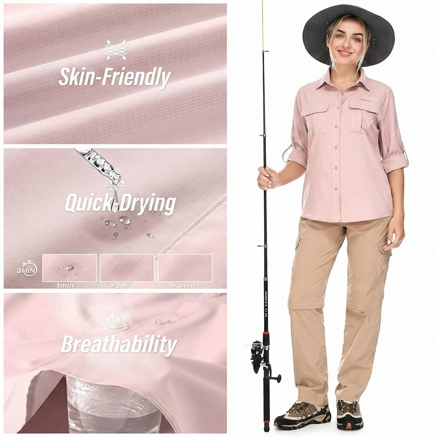 Women's Long Sleeve Hiking Shirt UPF 50 Roll-Up Safari Style