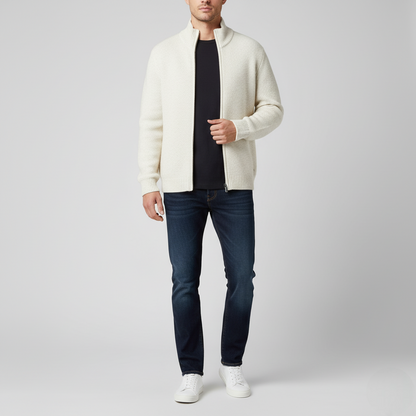 Men's Classic White Full-Zip Cardigan Sweater Ribbed Texture - 
Fashinoza
