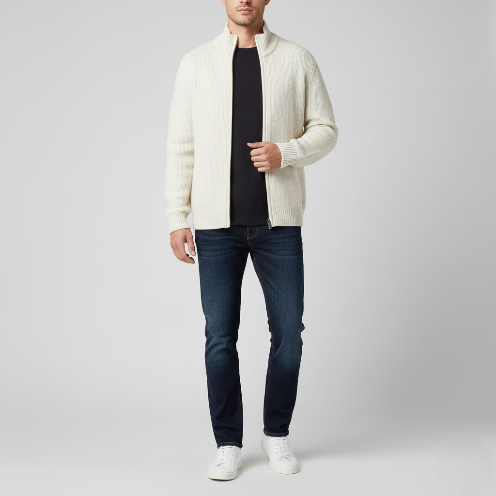 Men's Classic White Full-Zip Sweater Ribbed Texture Cardigan - 
Fashinoza
