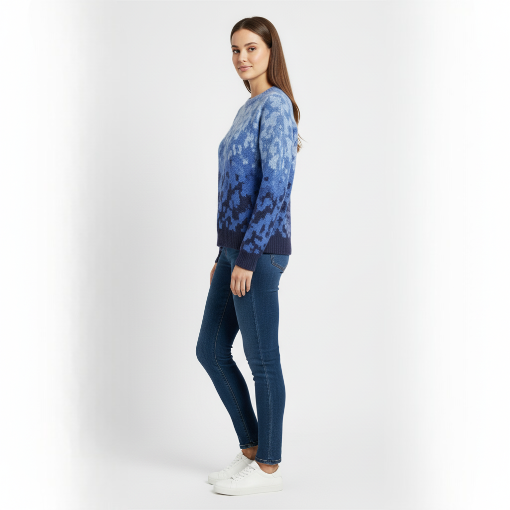 Women's Blue Crew Neck Sweater Jacquard Knit