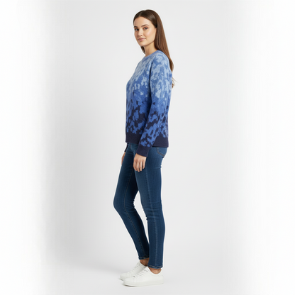 Women's Blue Crew Neck Sweater Jacquard Knit
