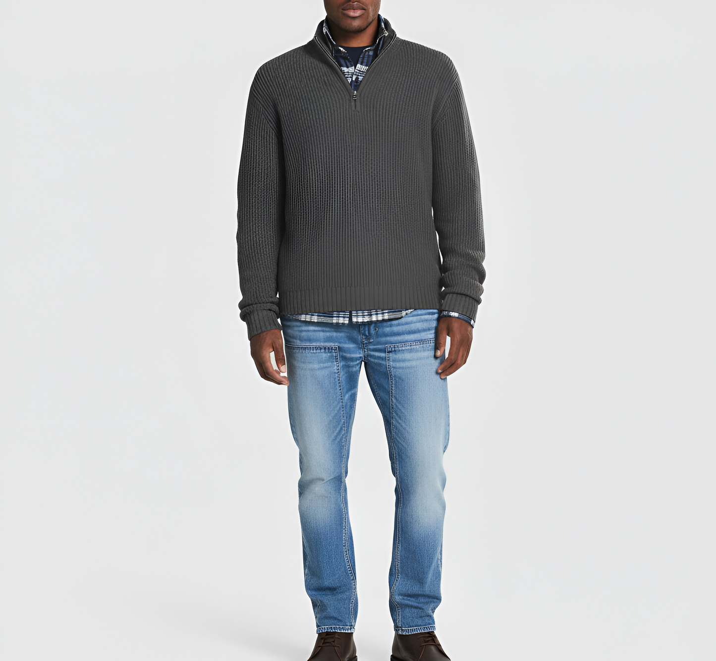 Men's Ribbed Knit Sweater Quarter Zip Casual Pullover