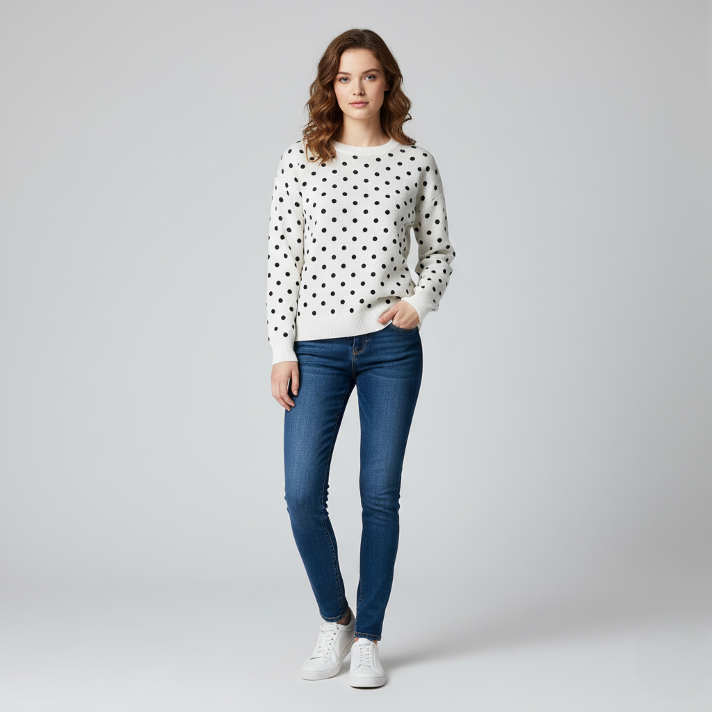 Women's Crew Neck Sweater Polka Dot White Black - 
Fashinoza