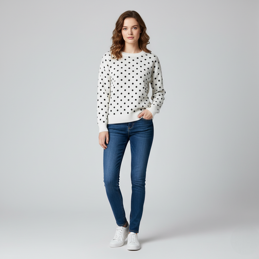 Women's Crew Neck Sweater Polka Dot White Black - 
Fashinoza