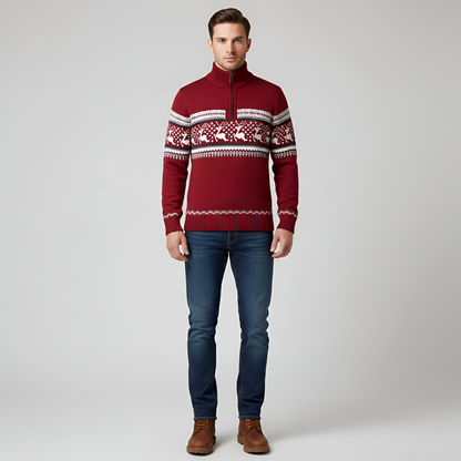 Men's Half Zip Wool Sweater Fair Isle Pattern
