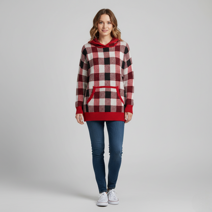 Women's Plaid Knit Hoodie Sweater Red Black - 
Fashinoza