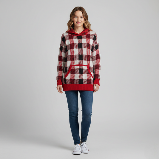 Women's Plaid Knit Hoodie Sweater Red Black - 
Fashinoza