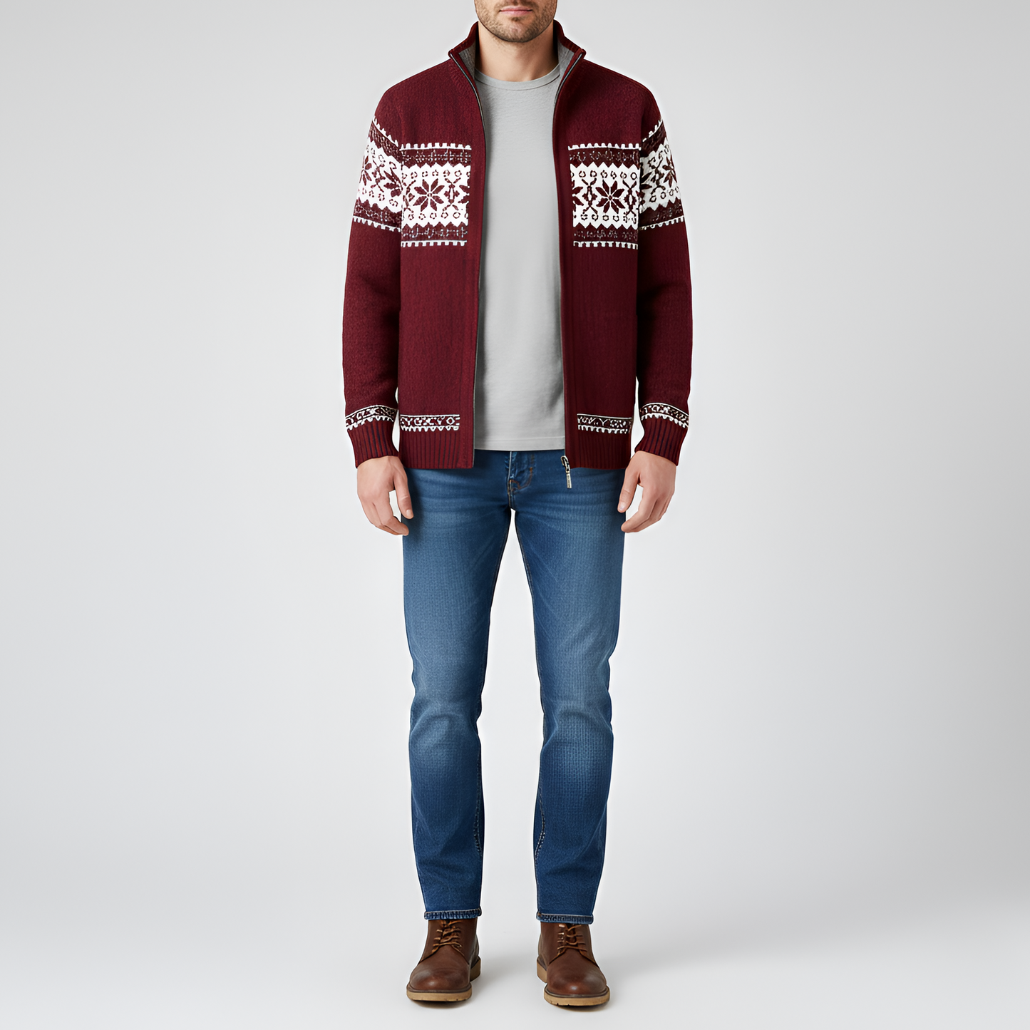 Men's Wool Cardigan Nordic Pattern Zip Front - 
Fashinoza
