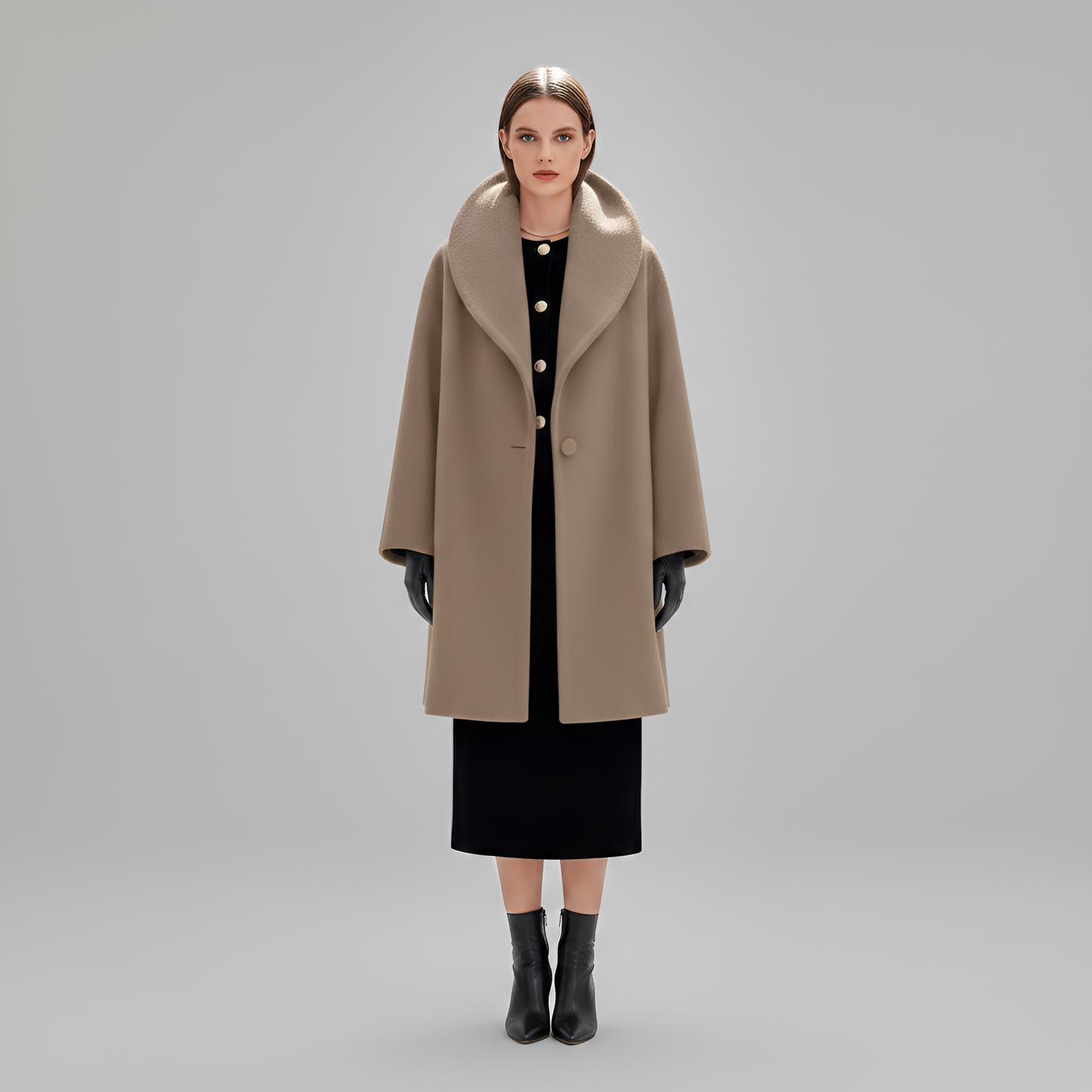 Women's Wool Blend Midi Coat Shawl Collar Elegant Winter Outerwear